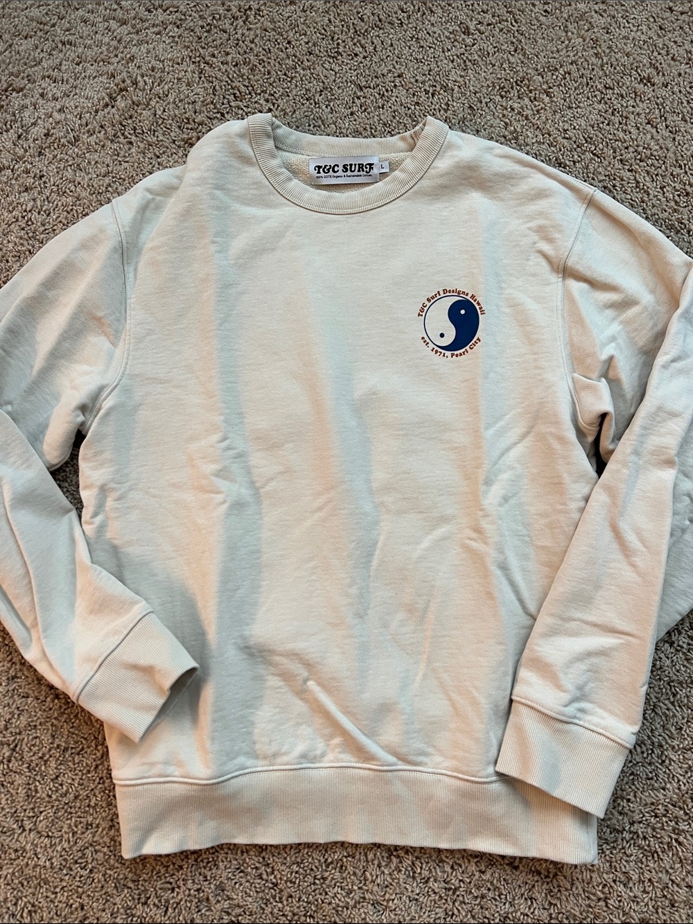 T&C Surf Cream Crewneck Sweatshirt with Navy Yin-Yang Logo